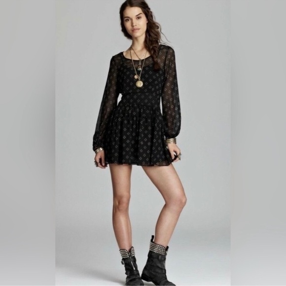 Free People Sheer Black Baby Dee Chiffon Long Sleeve Fit and Flare Dress Sz S - Picture 6 of 13